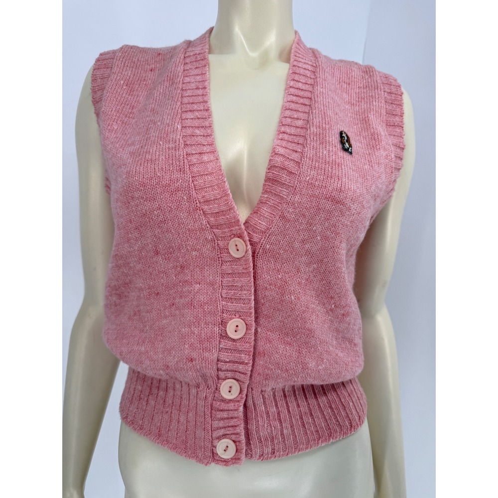Hush Puppies Pink‎ Knit Button Up Sweater Vest Basset Hound Dog Patch Cardigan